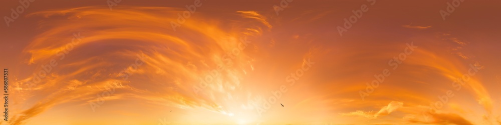 Glowing golden red sunset sky panorama. HDR 360 seamless spherical panorama. Full zenith or sky dome for 3D visualization, sky replacement for aerial drone panoramas.