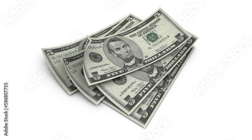 3d Five dollar banknotes isolated on white background and ambient occlusion photo