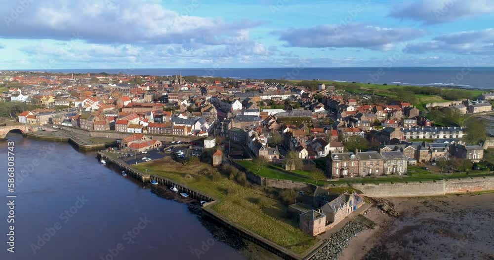 Aerial drop-down shot towards Berwick-Upon-Tweed in England Aerial drop-down shot towards Berwick-Upon-Tweed in England