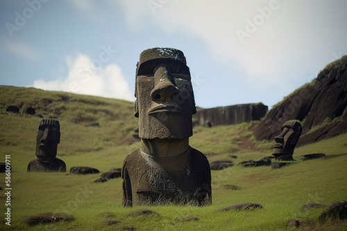 Abandoned Moai statues. Generative AI