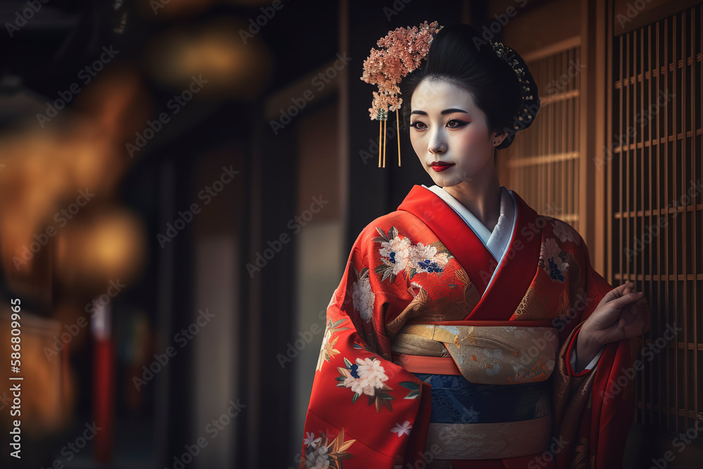 fashion portrait photography of the most beautiful geisha girl in the Gate to heaven, Kyoto, Japan. Generative AI fashion portrait photography of the most beautiful geisha girl in the Gate to heaven, Kyoto, Japan. Generative AI