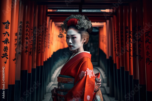 fashion portrait photography of the most beautiful geisha girl in the Gate to heaven, Kyoto, Japan. Generative AI