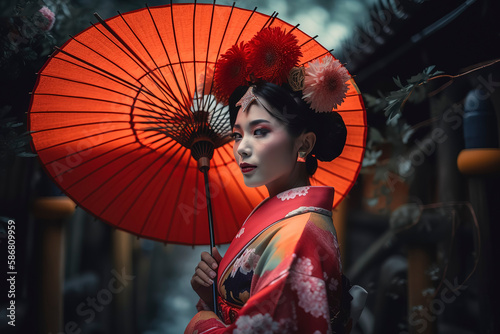 fashion portrait photography of the most beautiful geisha girl in the Gate to heaven, Kyoto, Japan. Generative AI
