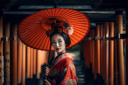 Tela fashion portrait photography of the most beautiful geisha girl in the Gate to heaven, Kyoto, Japan