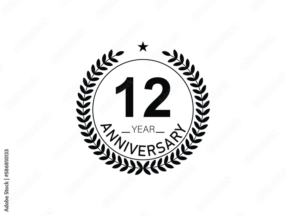 12 years anniversary logo template isolated on white, black and white background. 12th anniversary logo.
