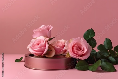 pink roses arranged in a tin with a soft pink background. Generative AI © AkuAku