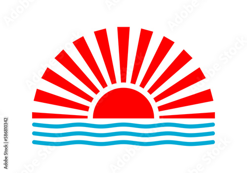 Red sun sunlight rays sunrise or sunset with blue water wave ocean sea japanese style icon on white background flat vector design