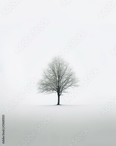 tree in snow, minimalist, white space