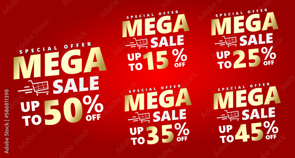 Special offer banner set, hot sale, big sale, super sale, sale banner vector. gold font on red background vector banner template. 50%, 15%, 25%, 35%, 45%.