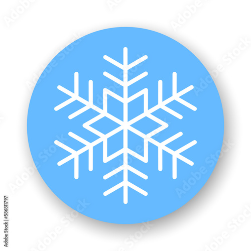 Snowflake flat icon. White vector element on blue background. Best for web, seamless patterns, decoration and your design.