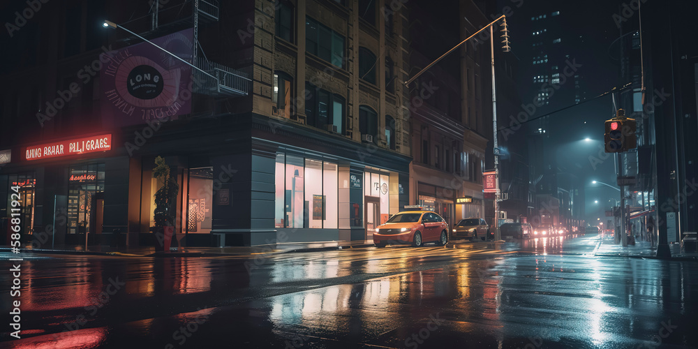Fototapeta premium new York city street at night, wet street. Generative AI