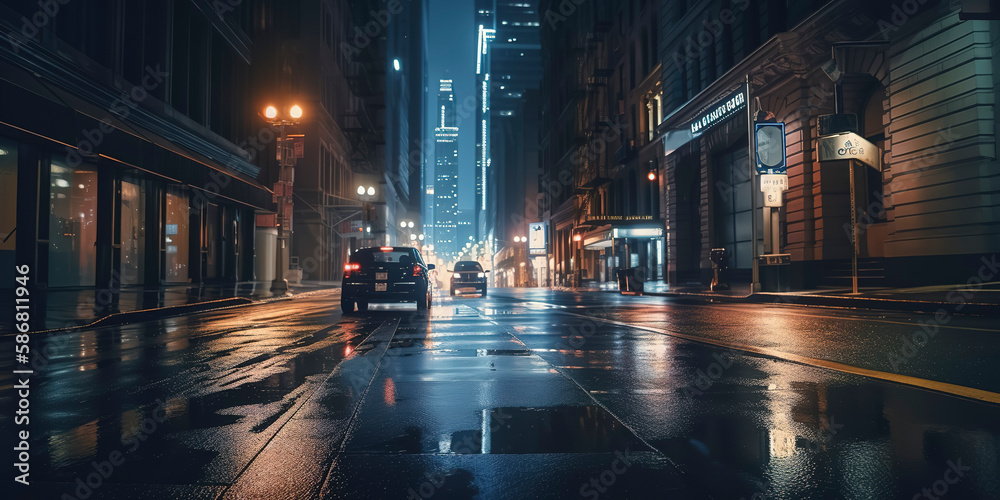 new York city street at night, wet street. Generative AI