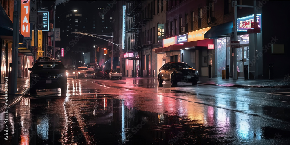 new York city street at night, wet street. Generative AI