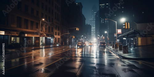 new York city street at night, wet street. Generative AI © Fernando