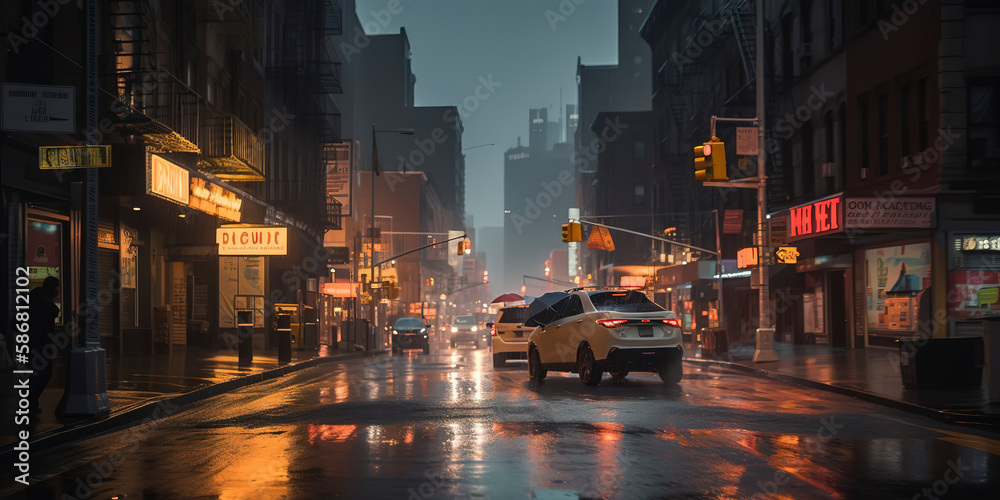 New York city under rainstorm photography. Generative AI