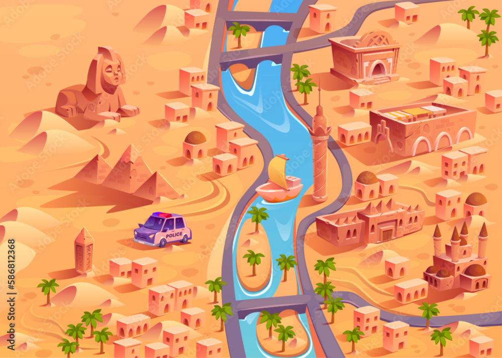 Cartoon desert town with river and pyramids. Vector illustration of police car patrolling ancient riverside town in sandy area, antique column, palm trees, islands and boat on water. Isometric view