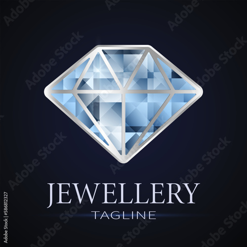 Diamond logotype. Stylized blue faceted crystal in a silver frame. Best for web, print, logo creating and branding design.