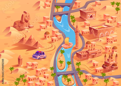 Cartoon desert town with river and pyramids. Vector illustration of police car patrolling ancient riverside town in sandy area  antique column  palm trees  islands and boat on water. Isometric view