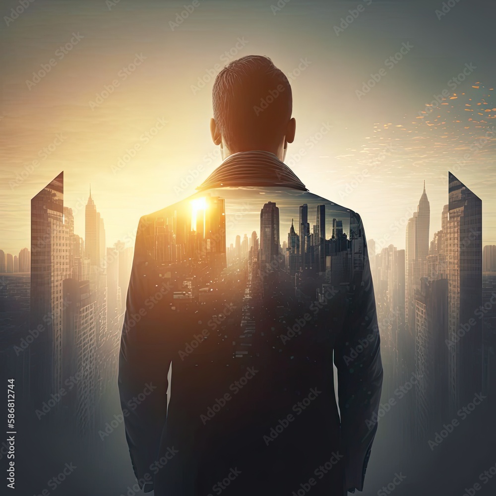 Businessman standing back during sunrise superimposed on cityscape, concept of modern life, business, city life and internet of things.