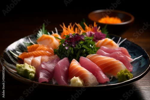 Sashimi: thin slices of raw fish or seafood served on a plate. Ai generated.