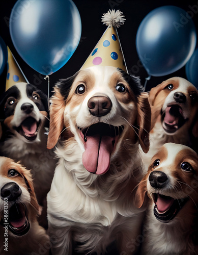 Collage of dogs wearing party hat, Generative Ai