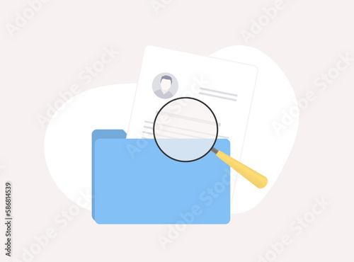 Hiring process vector icon. Recruitment pros concept with blue computer folder and magnifying glass zooms in on document with employees resume. Recruitment branding vector illustration