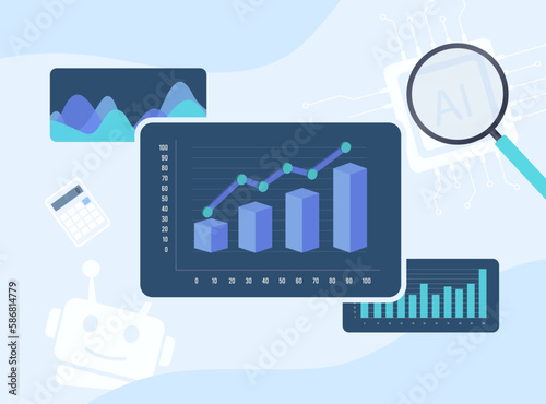 Impact of artificial intelligence on economic growth and welfare. Economic impacts of AI vector illustration with growing charts and graphs. For reports and presentations in economics and technology