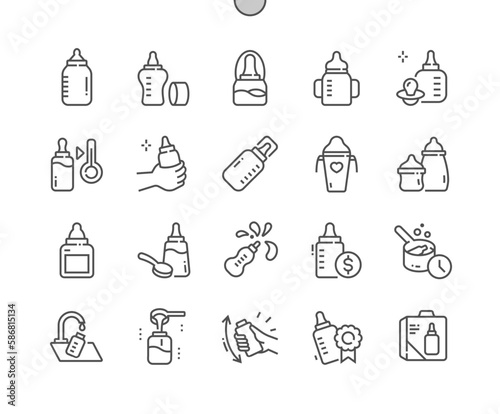 Baby milk bottle. Food for newborn baby. Add powder, cooking kids meal. Pixel Perfect Vector Thin Line Icons. Simple Minimal Pictogram