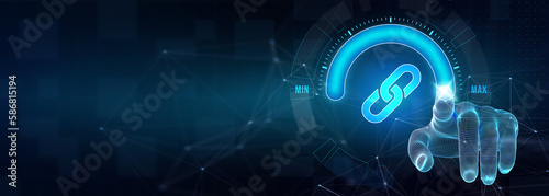 Chain Link icon on abstract blue background. Hyperlink chain symbol concept. 3d illustration