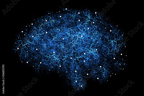 Brain neural pathway, artificial rendering and digital graphic of intelligence and neuroscience in studio. Isolated, black background and no people with ai generated, neuro data and mind connection photo