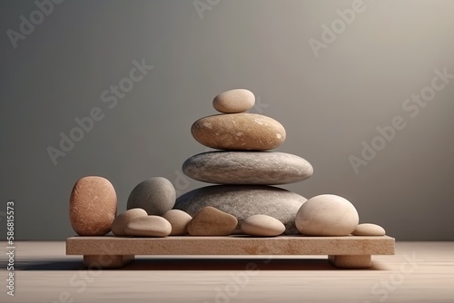 rustic display of stones arranged on a wooden table. Generative AI
