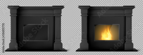 Stone fireplace with fire for home interior. Black hearth in frame with pilasters, frieze and mantelpiece and with burning flame isolated on transparent background, vector realistic illustration