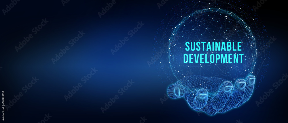 Naklejka premium SUSTAINABLE DEVELOPMENT inscription, cloud technology concept. Business, Technology, Internet and network concept. 3d illustration