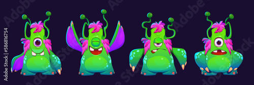 Green cyclope monster emotions set. Vector cartoon illustration of neon color alien creature with antennas on head and funny belly isolated on black background. Happy, laughing, angry, scared face