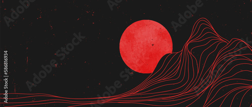 Illustrations of Mountain art landscape. Creative minimalist modern line art print. Abstract contemporary aesthetic backgrounds landscapes. with Mountain, hill and red moonlight