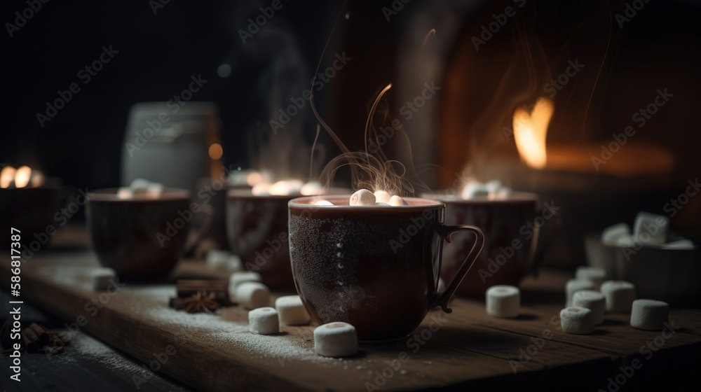 Hot chocolate with marshmallows in front of a fireplace in winter.Generative Ai Hot chocolate with marshmallows in front of a fireplace in winter.Generative Ai