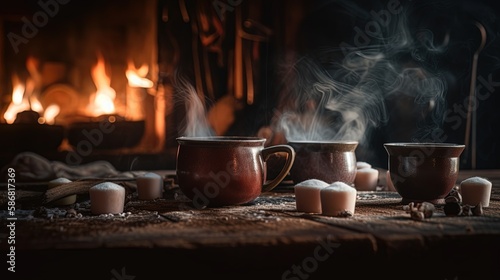 Hot chocolate with marshmallows in front of a fireplace in winter.Generative Ai