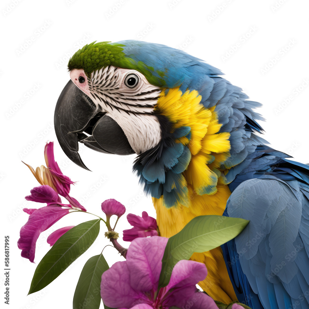 Fototapeta premium an island-themed photographic illustration of a blue, yellow and green parrot macaw with pink flowers on a transparent background in PNG. T-Shirt Design. Generative AI