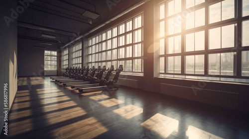 Modern gym interior with fitness equipment and exercise machines. Sports hall with large windows. Generative AI