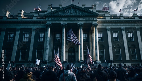 Protest at Government Building 3D Render: Depiction of a Demonstrative Gathering Created With Generative Ai
