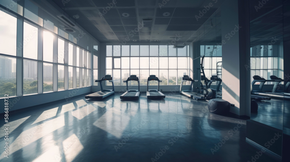 Modern gym interior with fitness equipment and exercise machines. Sports hall with large windows. Generative AI Modern gym interior with fitness equipment and exercise machines. Sports hall with large windows. Generative AI