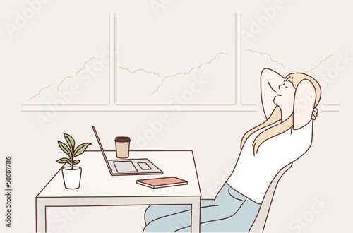 Calm smiling businesswoman relaxing at comfortable office chair hands behind head. Hand drawn style vector design illustrations.