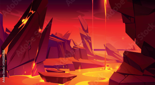 Hell background with lava in cave. Fantasy landscape with fiery magma flows in mountains. Scary scene with lava river in rocks crack, vector cartoon illustration