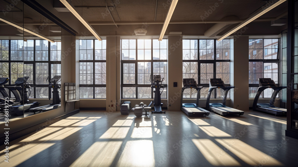 Modern gym interior with fitness equipment and exercise machines. Sports hall with large windows. Generative AI