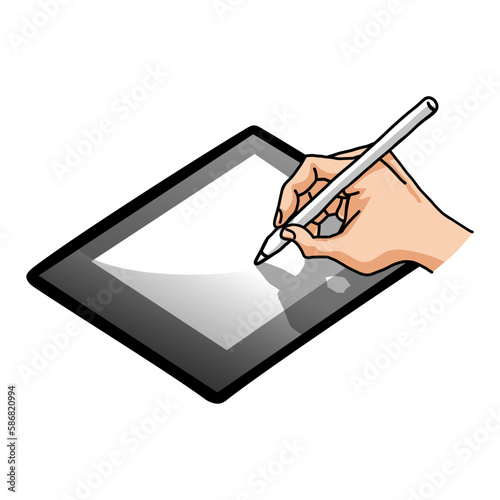 Hand Holding Pencil Writer Writing on Blank Tablet Gadget Mobile Vector Illustration Drawing