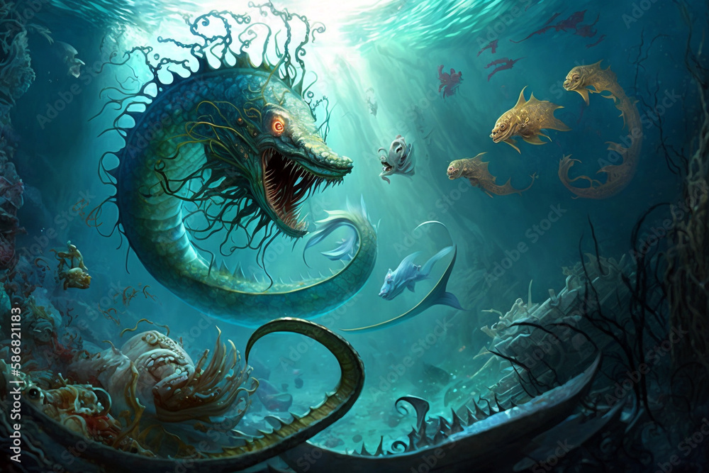 Scary sea monster under deep ocean. Generative ai illustration