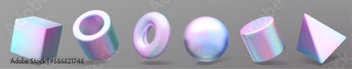 3d abstract geometric hologram shape render vector. Realistic isolated cube, sphere and donut holographic form set. Futuristic minimal glossy icon collection. Multicolor trendy torus and cylinder