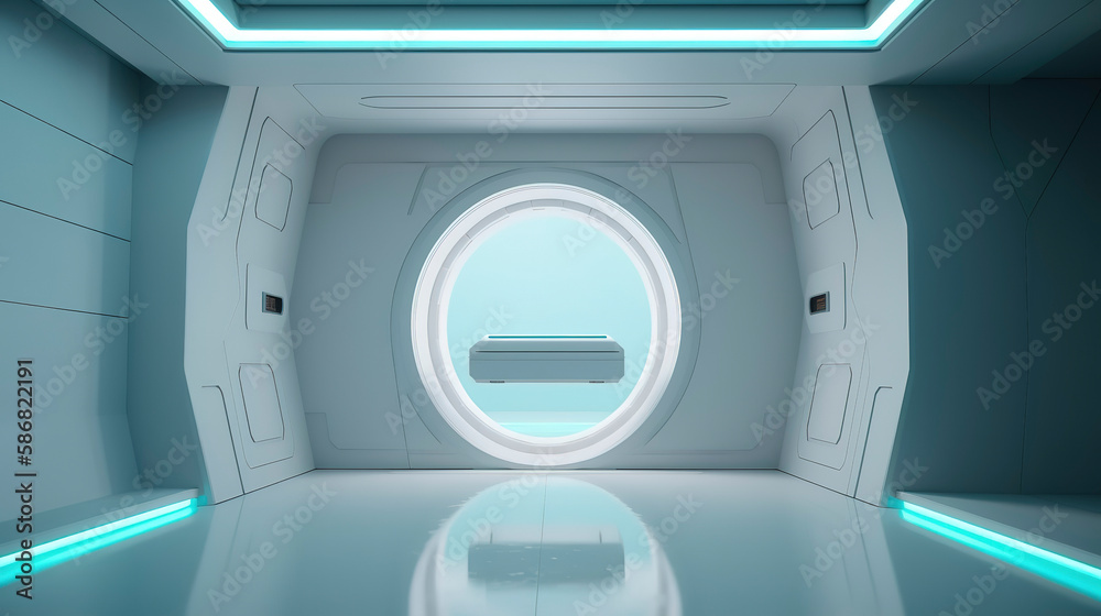 minimal room backdrop, home office inside minimal spaceship interior, white walls, a portal window that opens to space stars galaxy, lit with red and teal neon minimal room backdrop, home office inside minimal spaceship interior, white walls, a portal window that opens to space stars galaxy, lit with red and teal neon