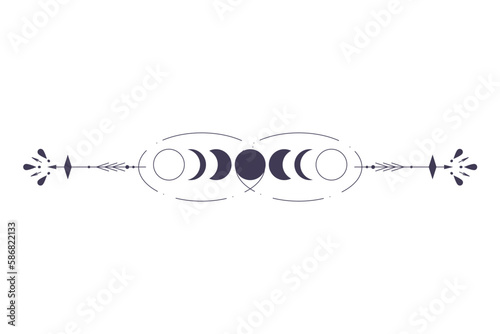 Moon Phases with celestial border isolated on white background. Mystic esoteric symbol with moon and border. Astrology cycle eclipse. Vector design element.