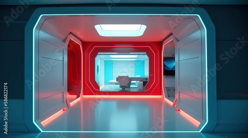 minimal room backdrop, home office inside minimal spaceship interior, white walls, a portal window that opens to space stars galaxy, lit with red and teal neon